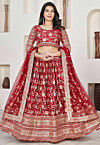 Woven Art Silk Jacquard Lehenga in Red