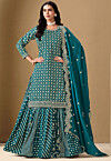 Woven Art Silk Jacquard Lehenga in Teal Blue