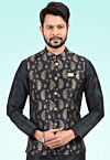 Woven Art Silk Jacquard Nehru Jacket in Black