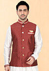 Woven Art Silk Jacquard Nehru Jacket in Maroon