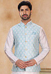 Woven Art Silk Jacquard Nehru Jacket in Sky Blue