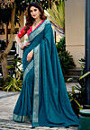 Woven Art Silk Jacquard Saree in Teal Blue