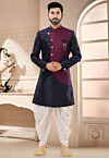 Woven Art Silk Jacquard Sherwani in Navy Blue