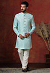 Woven Art Silk Jacquard Sherwani in Sky Blue