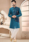 Woven Art Silk Jacquard Sherwani in Teal Blue