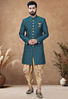 Woven Art Silk Jacquard Sherwani in Teal Blue