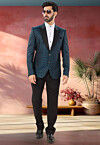 Woven Art Silk Jacquard Tuxedo in Blue