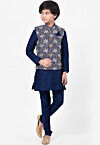 Woven Art Silk Kurta Jacket Set in Royal Blue