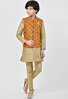 Woven Art Silk Kurta Set in Beige