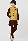 Woven Art Silk Kurta Set in Brown