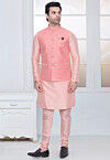 Woven Art Silk Kurta Set in Peach