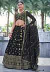 Woven Art Silk Jacquard Lehenga in Black