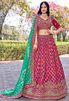Woven Art Silk Lehenga in Fuchsia
