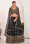 Woven Art Silk Jacquard Lehenga in Navy Blue