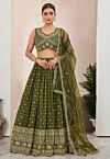 Woven Art Silk Jacquard Lehenga in Olive Green