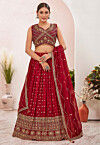 Woven Art Silk Jacquard Lehenga in Red