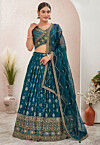 Woven Art Silk Jacquard Lehenga in Teal Blue