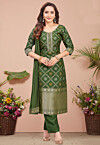 Woven Art Silk Pakistani Suit in Dark Olive Green