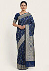 Woven Art Silk Saree from Banaras in Navy Blue