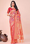 Woven Art Silk Saree in Coral Pink