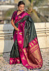 Woven Art Silk Saree in Dark Green