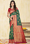 Woven Art Silk Saree in Dark Green