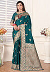 Woven Art Silk Saree in Dark Teal Green