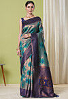 Woven Art Silk Saree in Green and Golden