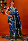 Woven Art Silk Saree in Navy Blue