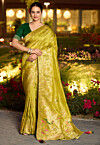 Woven Art Silk Saree in Olive Green