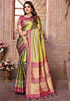Woven Art Silk Saree in Olive Green