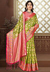 Woven Art Silk Saree in Olive Green