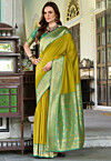 Woven Art Silk Saree in Olive Green
