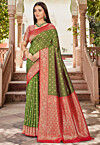 Woven Art Silk Saree in Olive Green