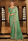 Woven Art Silk Scalloped Saree in Shaded Green