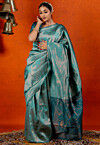 Woven Art Silk Saree in Teal Blue