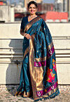 Woven Art Silk Saree in Teal Blue
