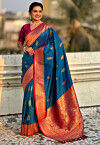 Woven Art Silk Saree in Teal Blue