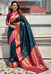 Woven Art Silk Saree in Teal Blue