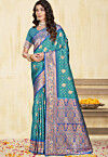 Woven Art Silk Saree in Teal Blue