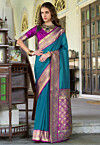 Woven Art Silk Saree in Teal Blue
