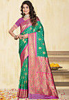 Woven Art Silk Saree in Teal Green