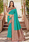 Woven Art Silk Saree in Teal Green