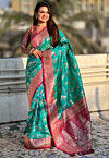 Woven Art Silk Saree in Teal Green