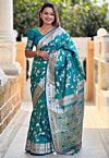 Woven Art Silk Saree in Turquoise