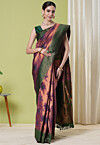Woven Art Silk Saree in Wine and Golden