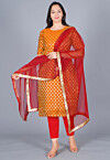 Woven Chanderi Silk Jacquard Pakistani Suit in Orange