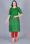Woven Chanderi Silk Jacquard Straight Kurta Set in Dark Green