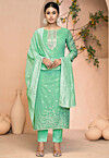 Woven Cotton Jacquard Pakistani Suit in Teal Green