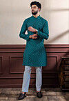 Woven Cotton Kurta Set in Teal Green